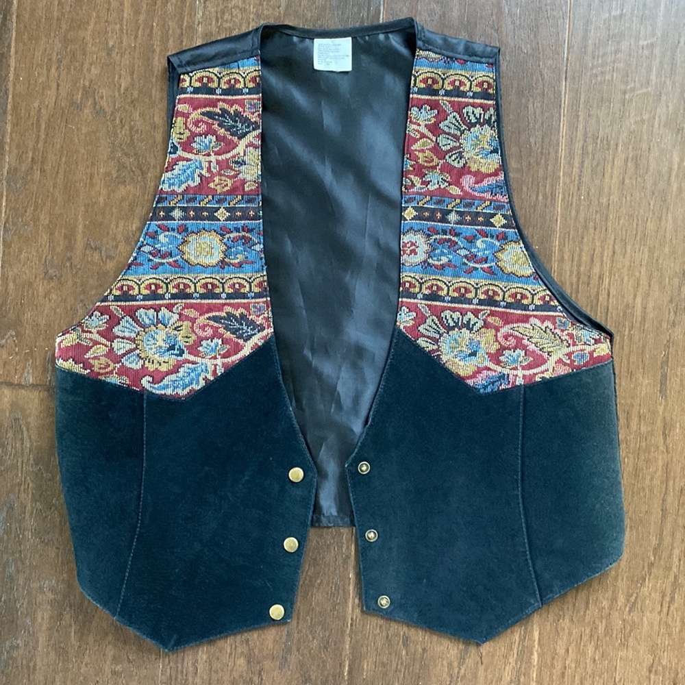 Vintage suede and polyester yoke tapestry women’s vest